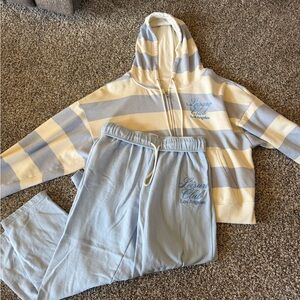 Leisure Club Los Angeles Striped Hoodie & Jogger Set - Pale Blue & Cream